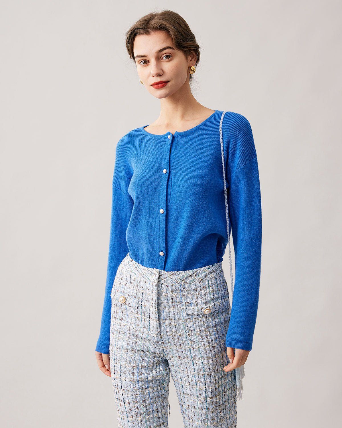The Blue Round Neck Button Up Knit Cardigan sold by rihoas