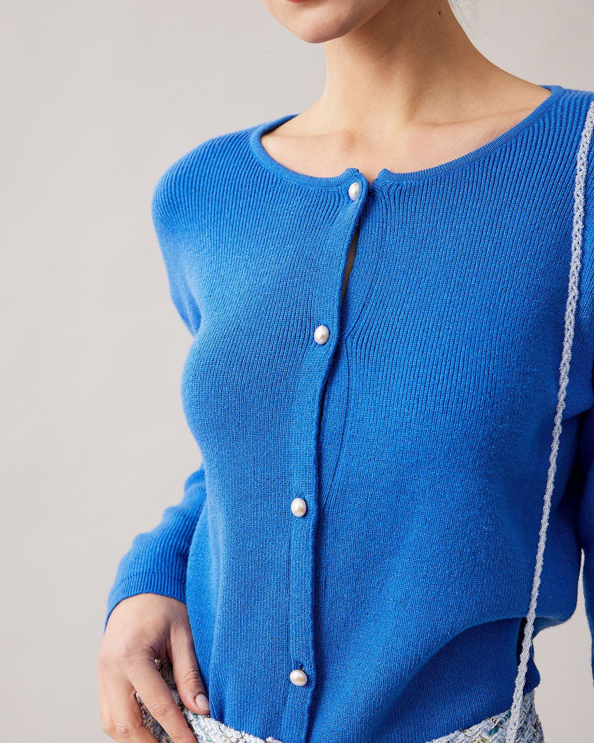 The Blue Round Neck Button Up Knit Cardigan sold by rihoas product image thumbnail 2
