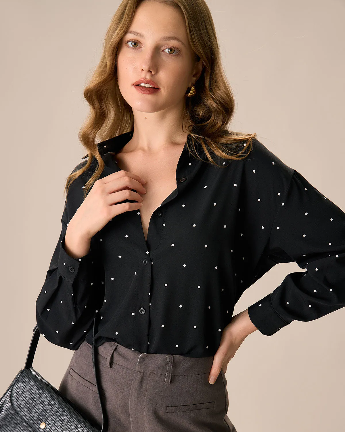 Women's Black Polka Dot Long Sleeve Shirt sold by rihoas