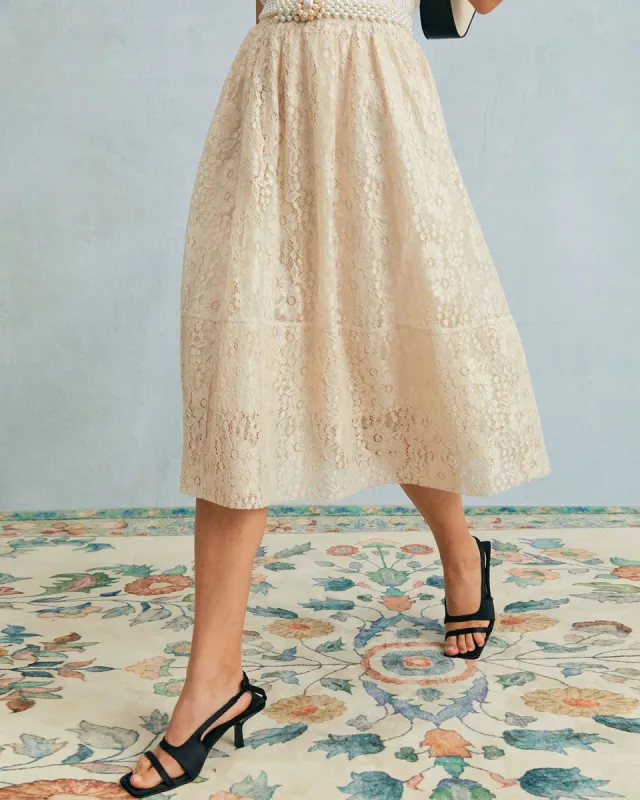The Apricot High Waisted Floral Lace Midi Skirt sold by rihoas