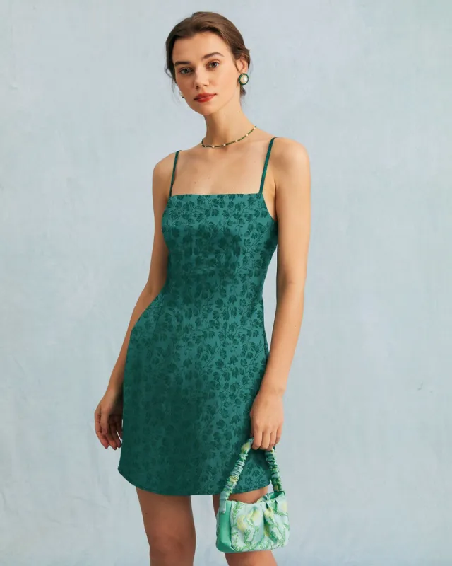 The Dark Green Floral Jacquard Slip Mini Dress sold by rihoas