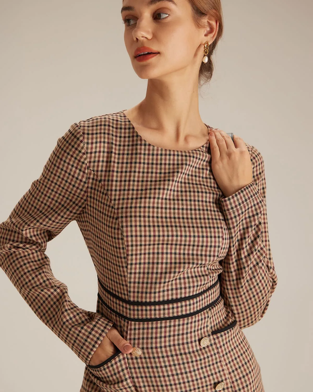 The Brown Round Neck Plaid Button Mini Dress sold by rihoas product image thumbnail 2