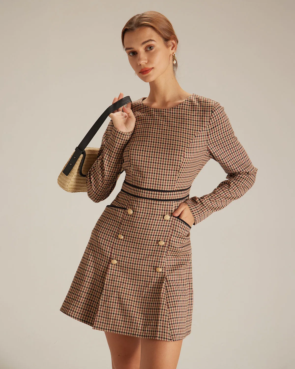 The Brown Round Neck Plaid Button Mini Dress sold by rihoas
