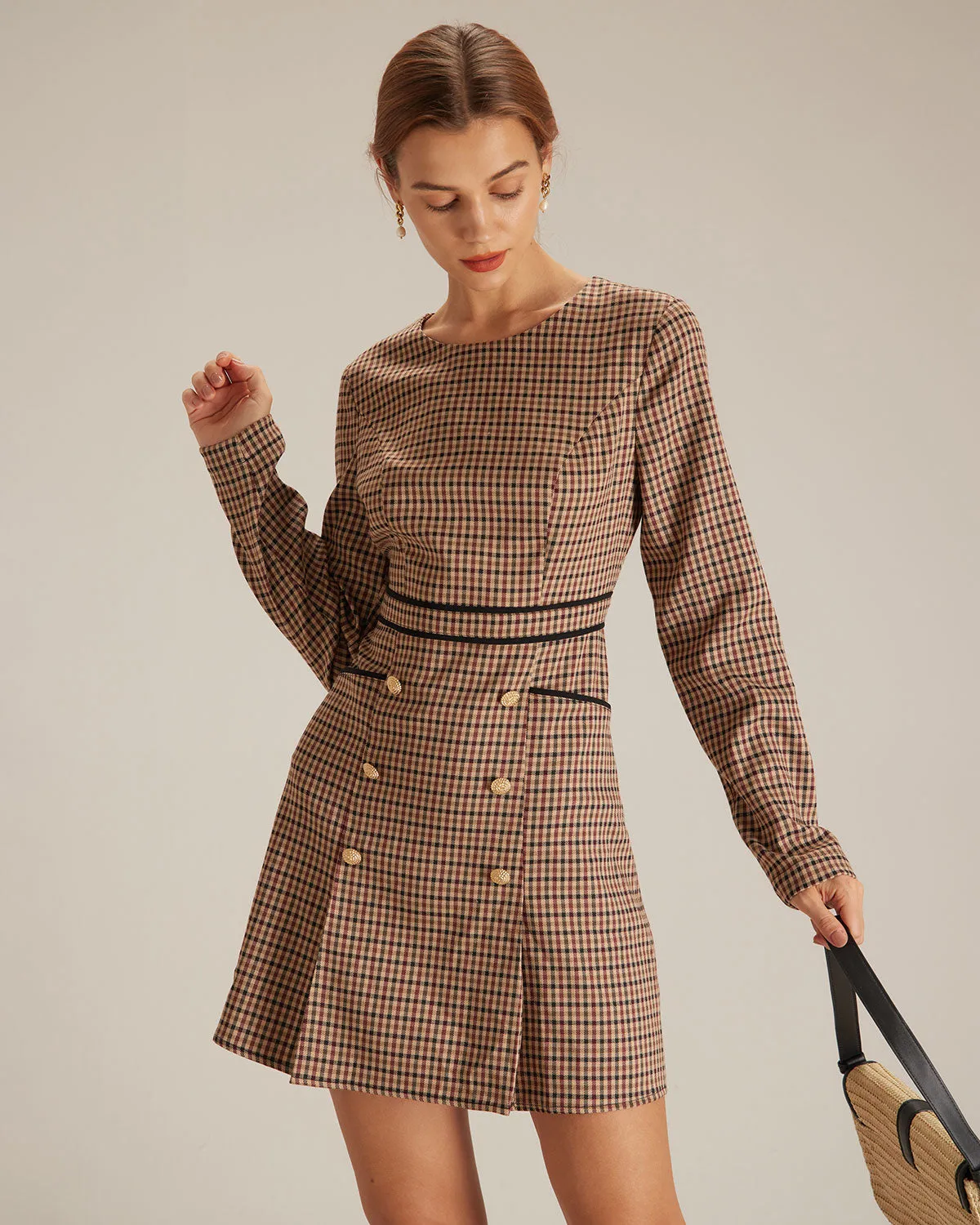 The Brown Round Neck Plaid Button Mini Dress sold by rihoas product image thumbnail 3
