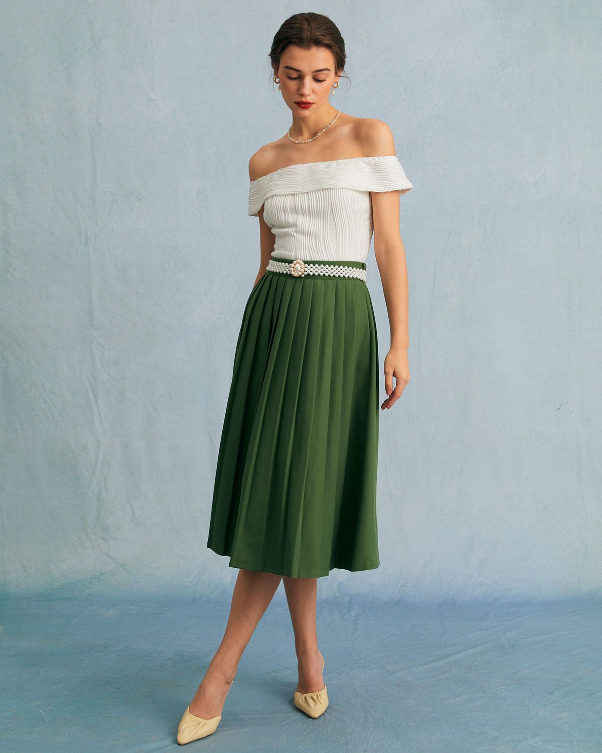 The Green High Waisted Pleated Midi Skirt sold by rihoas product image thumbnail 5