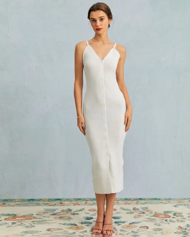 The White V Neck Ribbed Slit Kint Midi Dress sold by rihoas