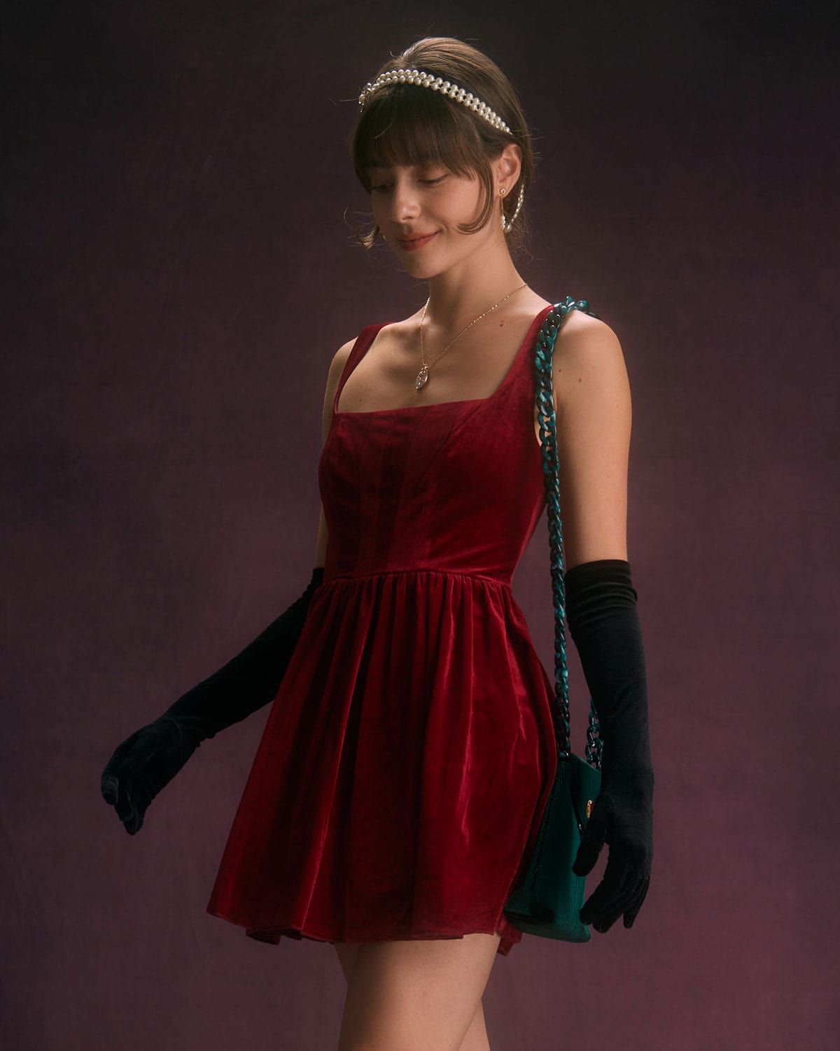 The Red Square Neck A-Line Velvet Mini Dress sold by rihoas product image thumbnail 3