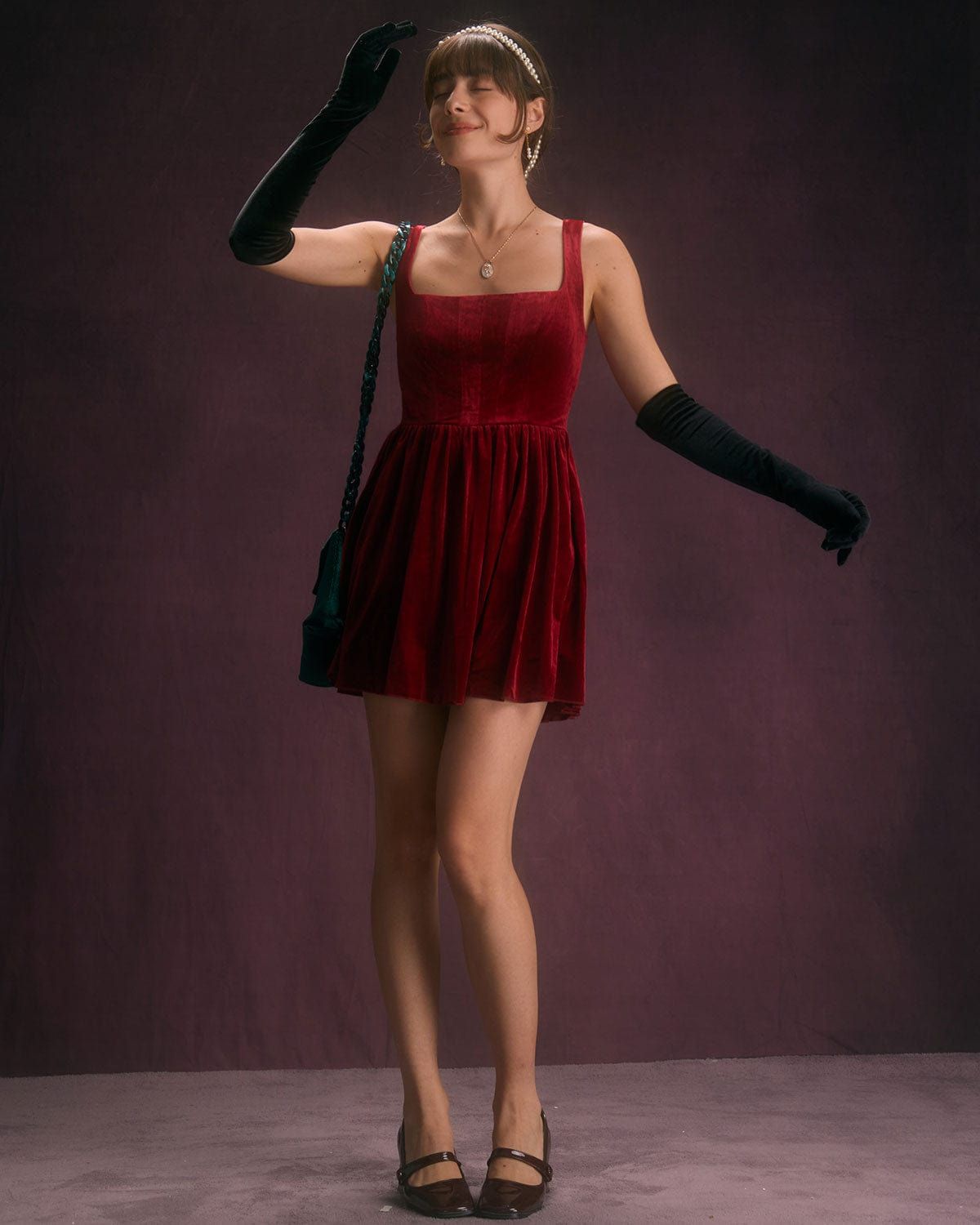 The Red Square Neck A-Line Velvet Mini Dress sold by rihoas product image thumbnail 2