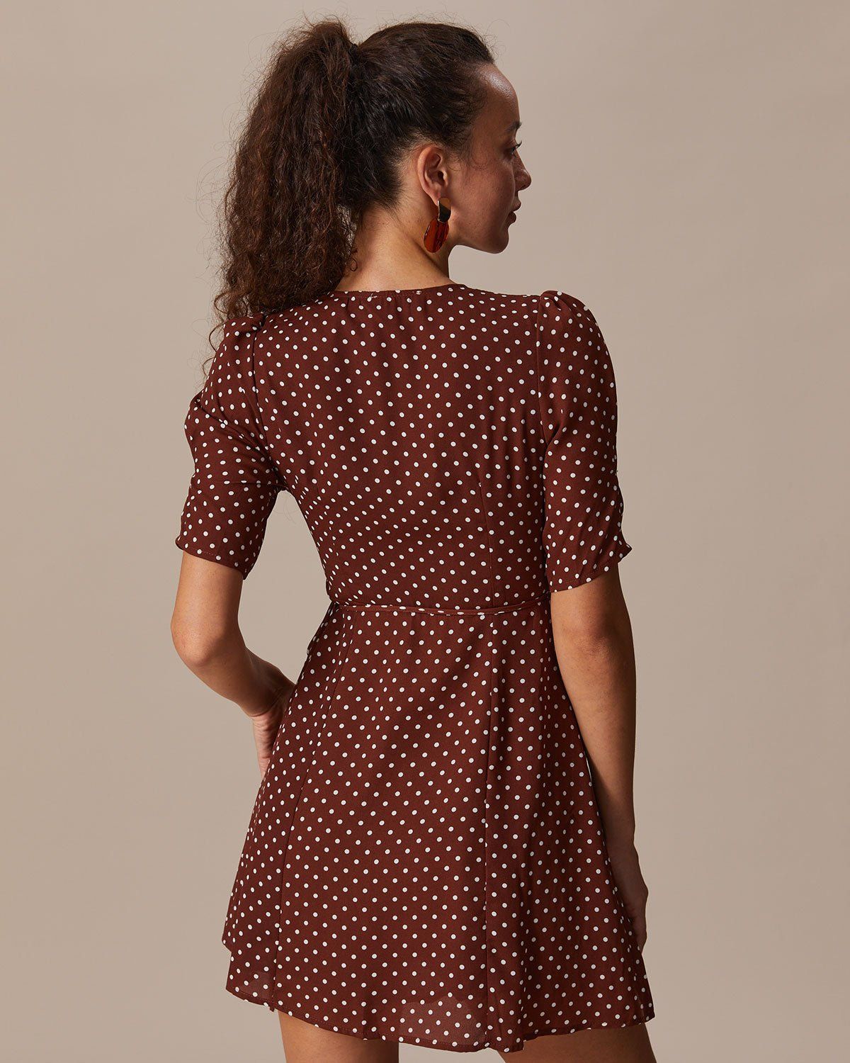 The Brown V Neck Polka Dot Wrap Mini Dress sold by rihoas product image thumbnail 5