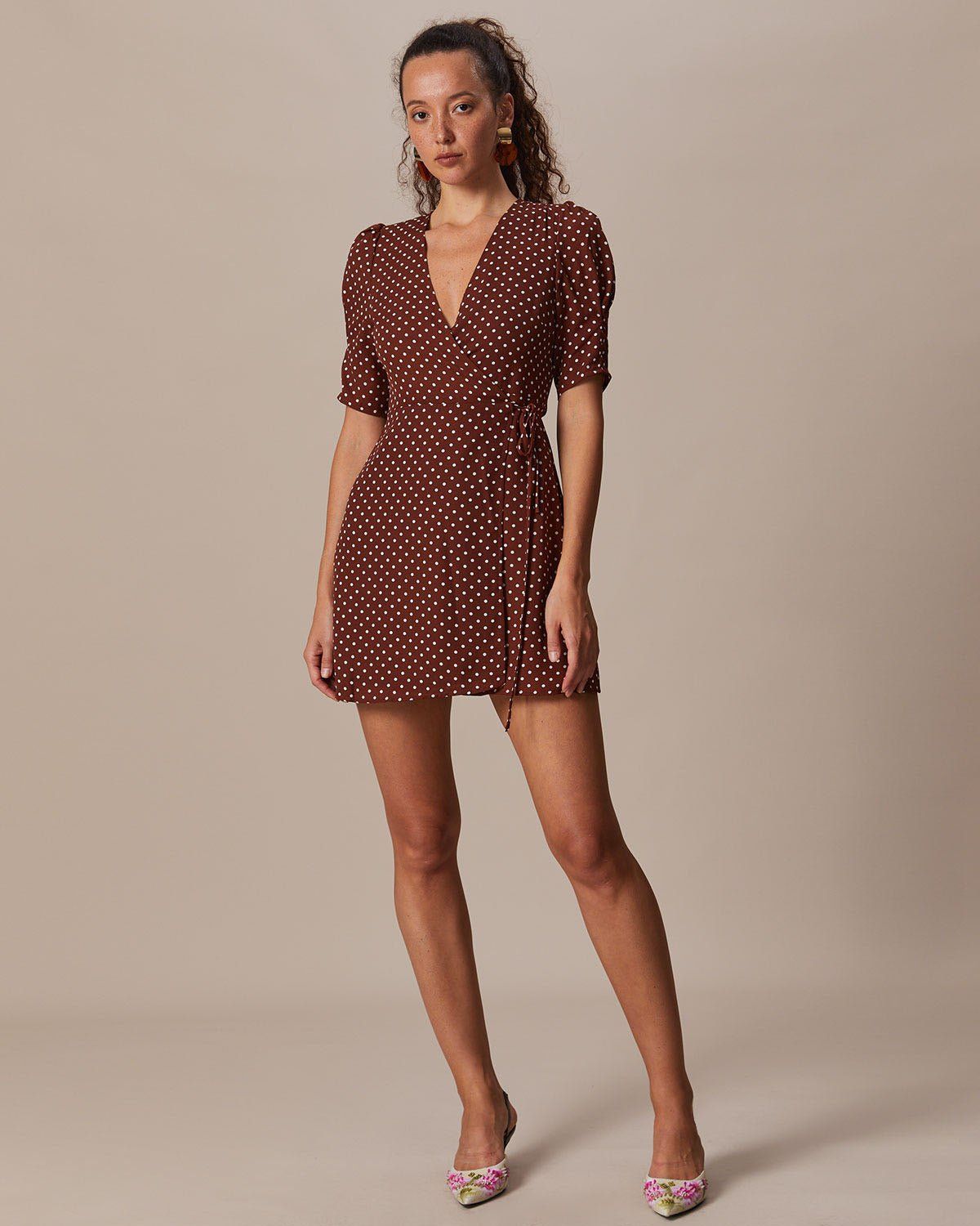 The Brown V Neck Polka Dot Wrap Mini Dress sold by rihoas product image thumbnail 2