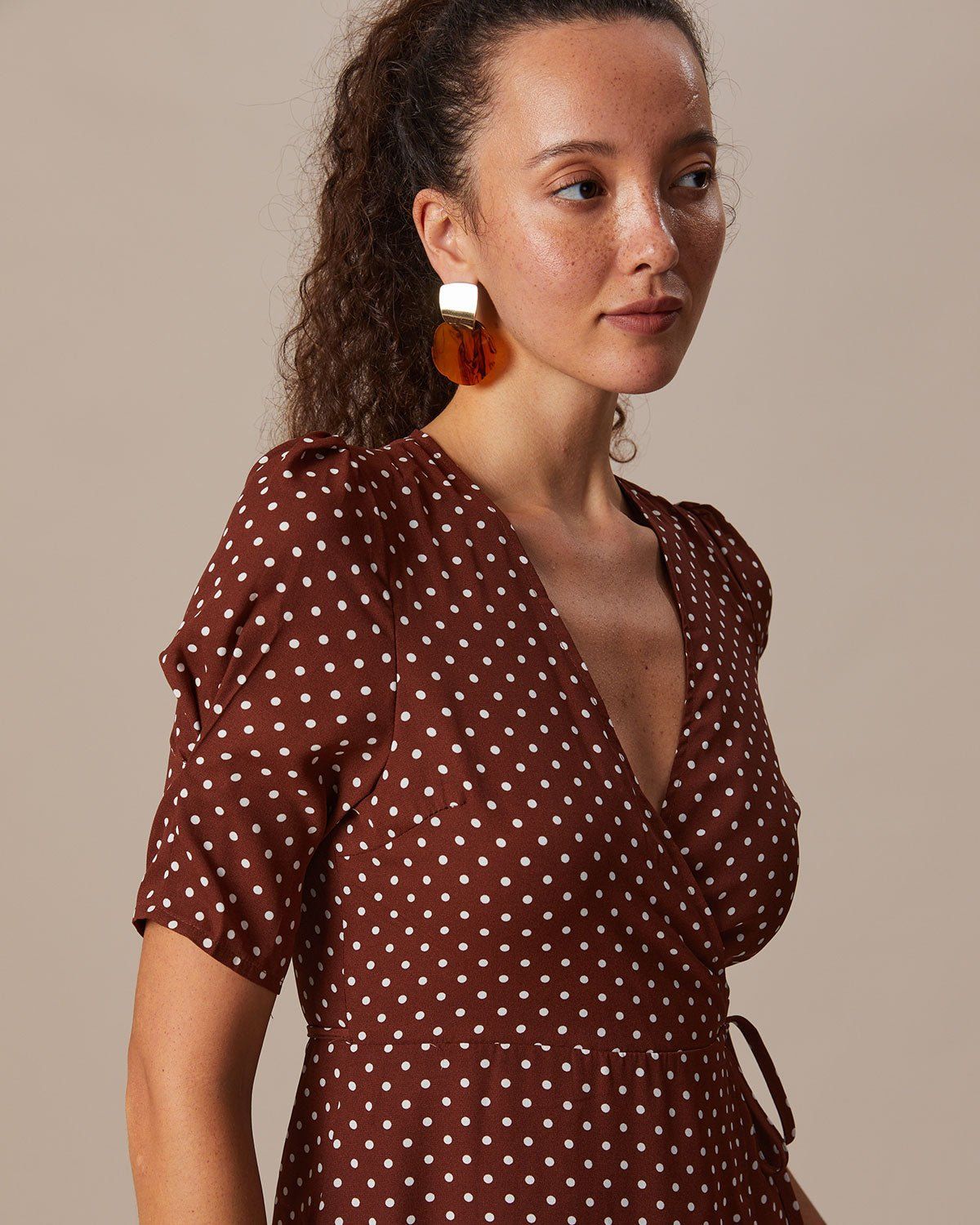 The Brown V Neck Polka Dot Wrap Mini Dress sold by rihoas product image thumbnail 4