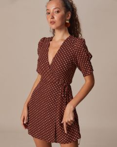 The Brown V Neck Polka Dot Wrap Mini Dress sold by rihoas