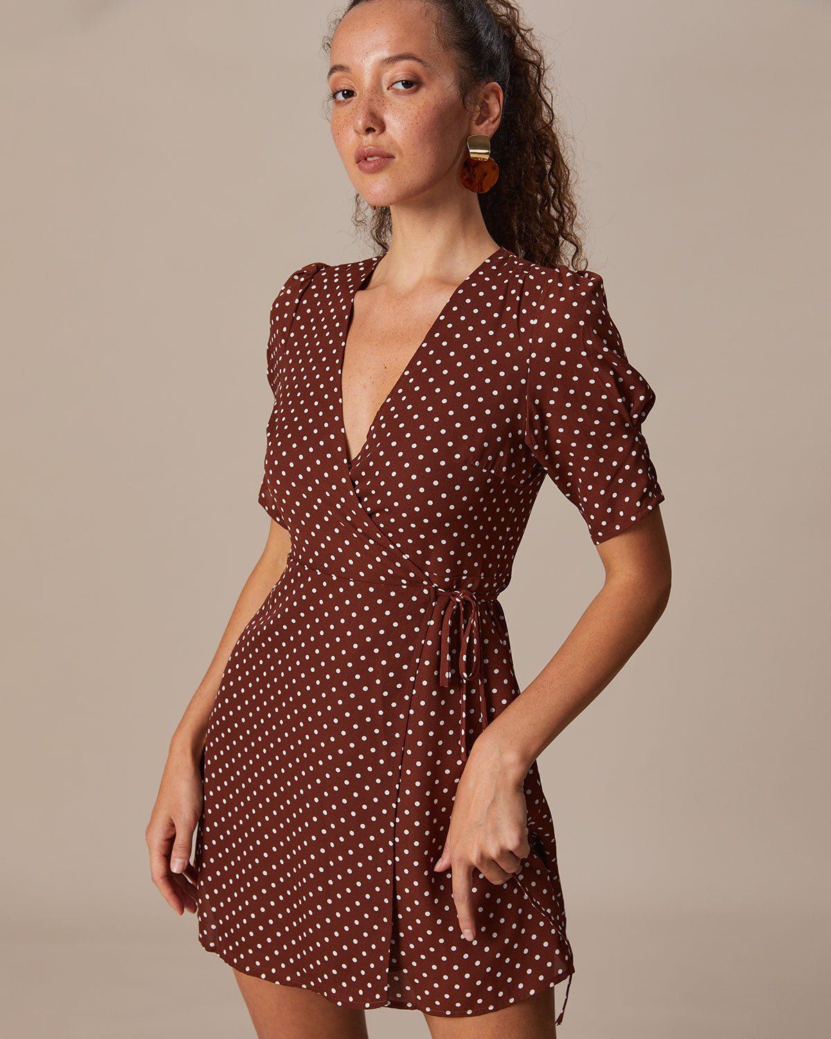 The Brown V Neck Polka Dot Wrap Mini Dress sold by rihoas product image thumbnail 3