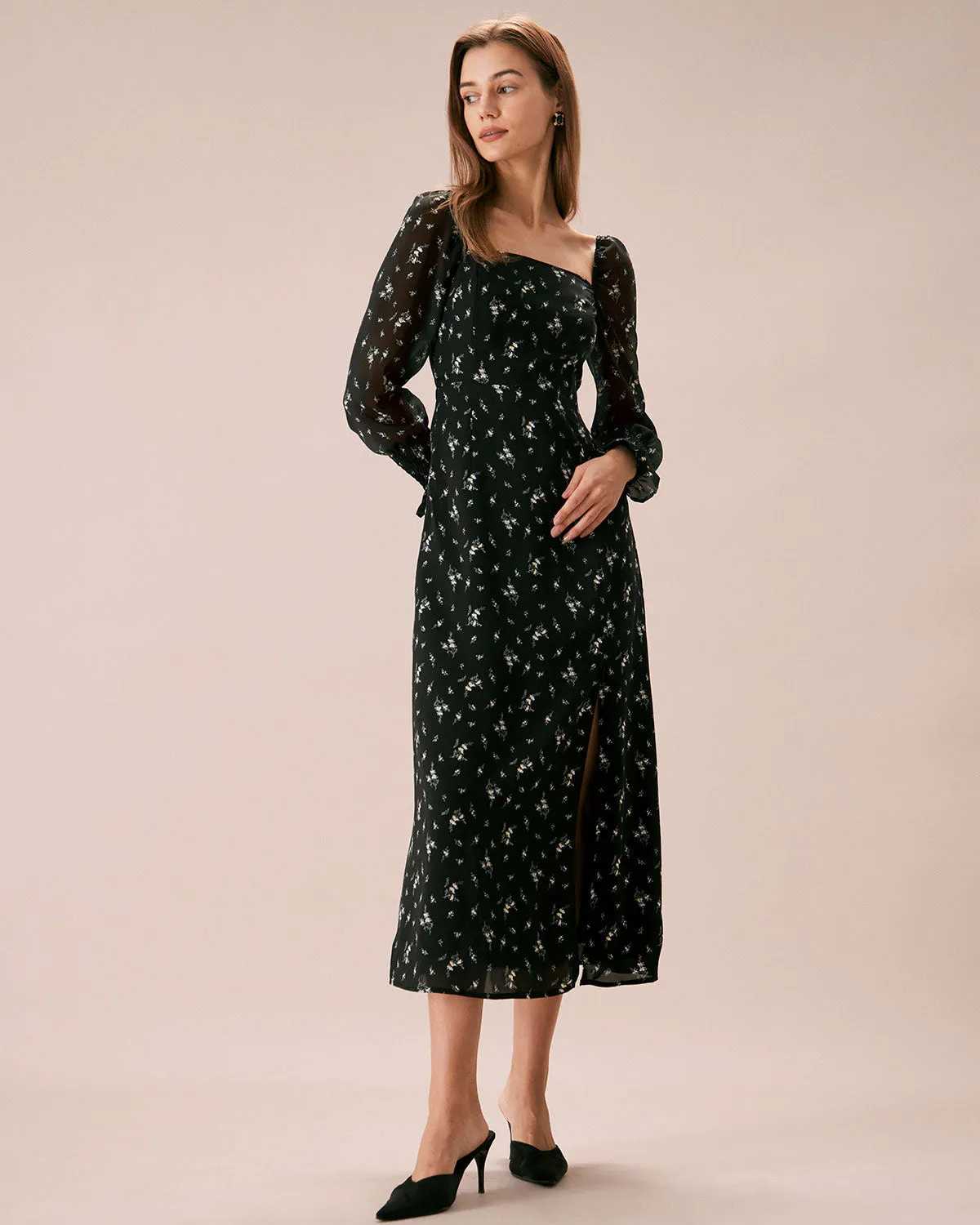 The Black Square Neck Floral Maxi Dress sold by rihoas