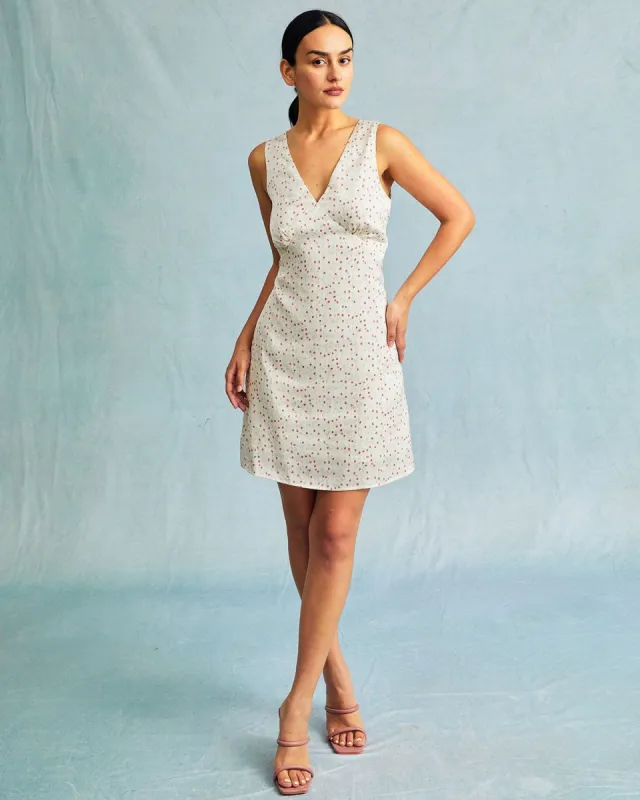 The Beige V Neck Ruched Sleeveless Mini Dress sold by rihoas