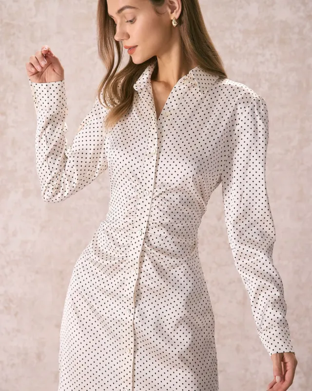 The Beige Polka Dot Button Shirt Midi Dress sold by rihoas