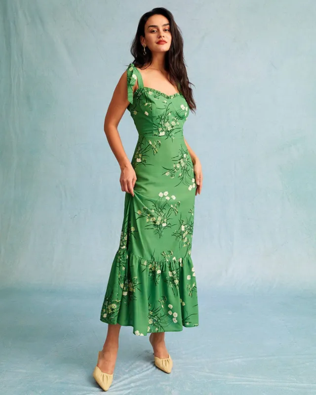 The Green Floral Tie Shoulder Ruffle Maxi Dress sold by rihoas