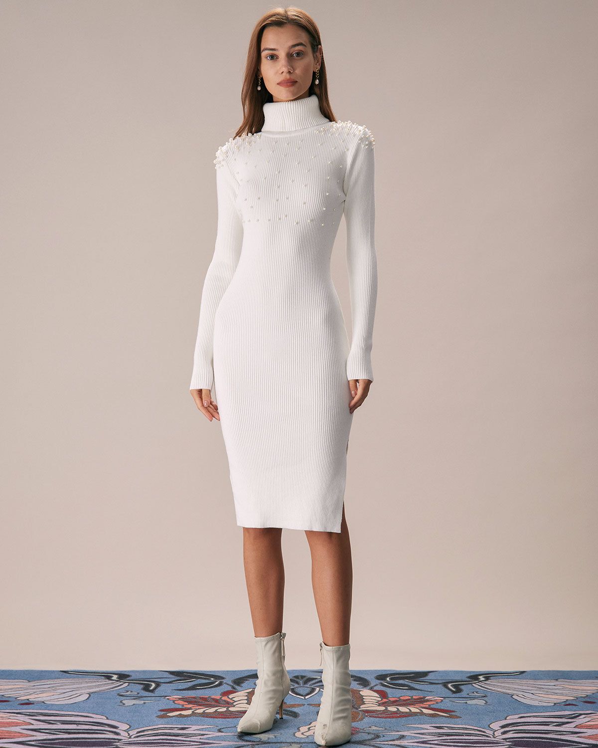The White High Neck Pearls Bodycon Midi Dress sold by rihoas product image thumbnail 4