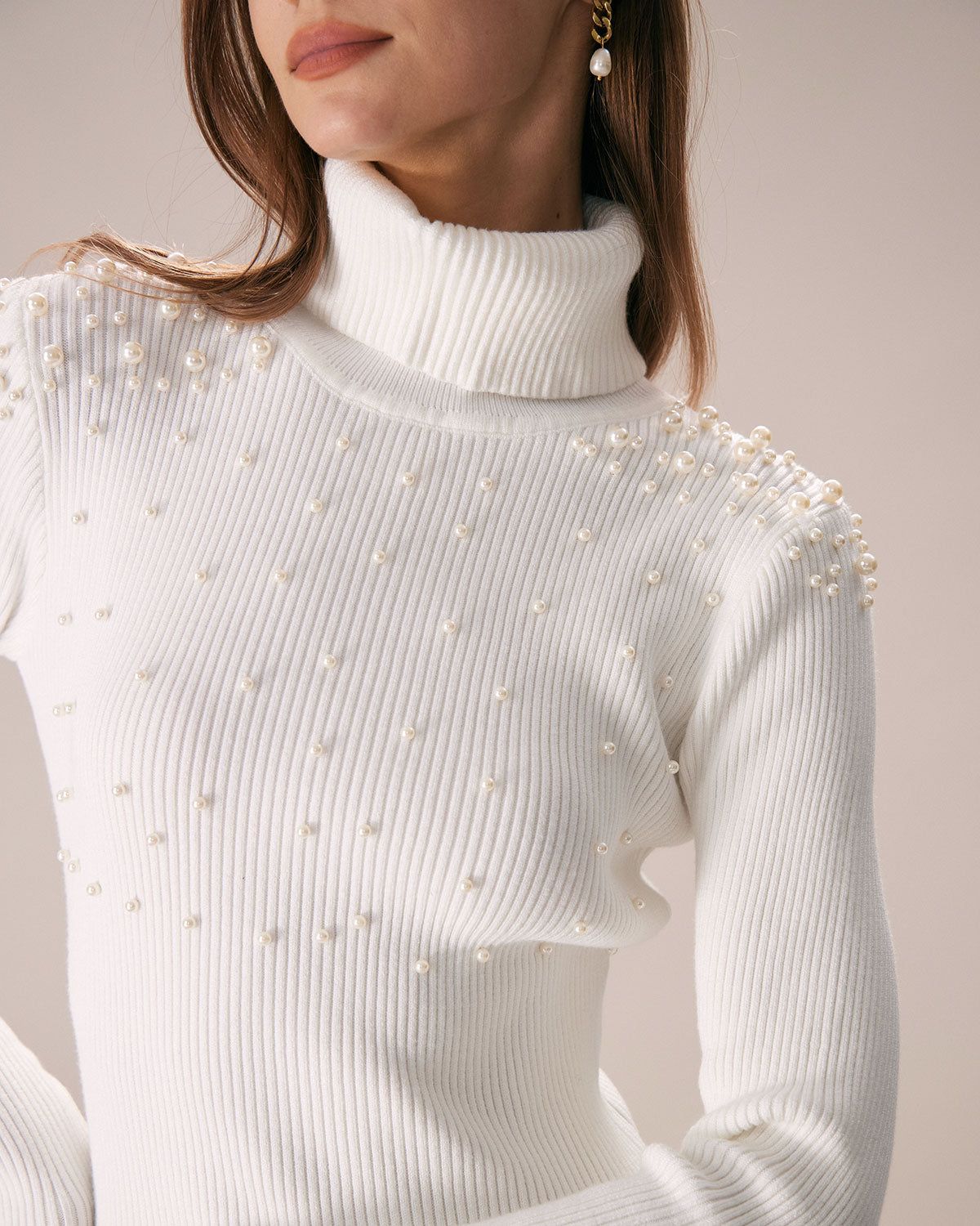 The White High Neck Pearls Bodycon Midi Dress sold by rihoas product image thumbnail 2