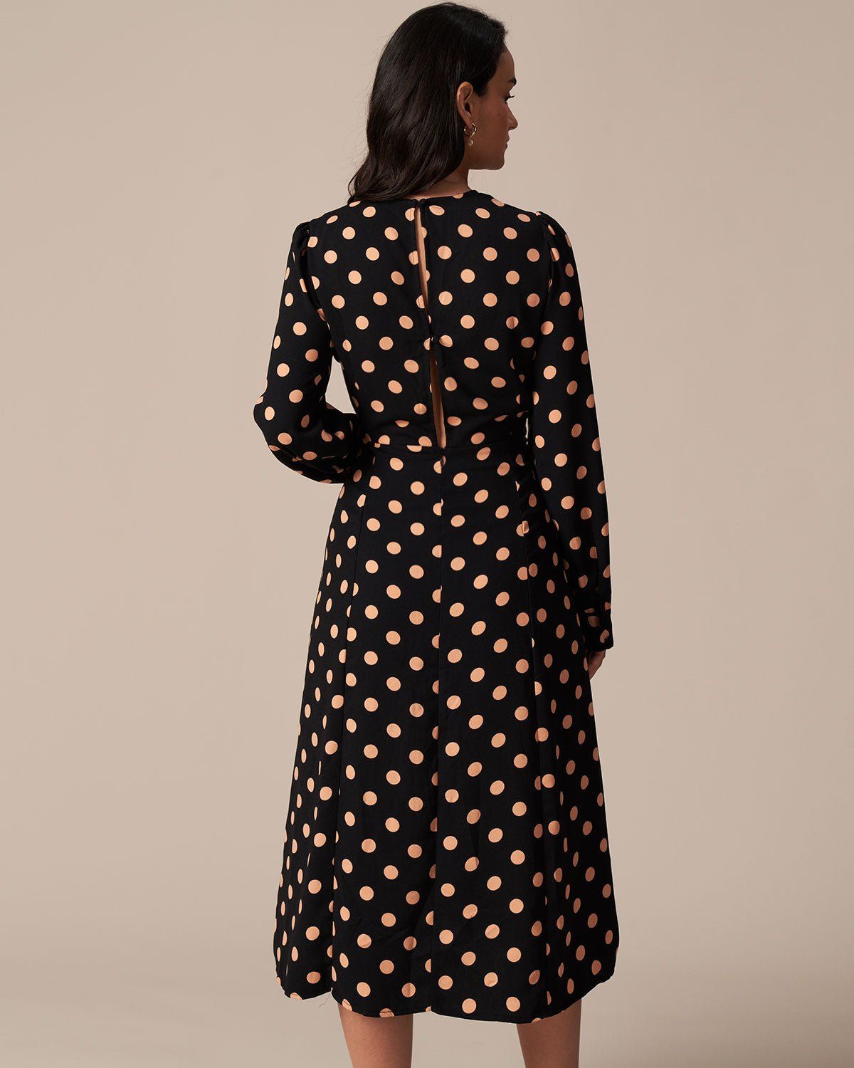 The Black Round Neck Polka Dot Midi Dress sold by rihoas product image thumbnail 5