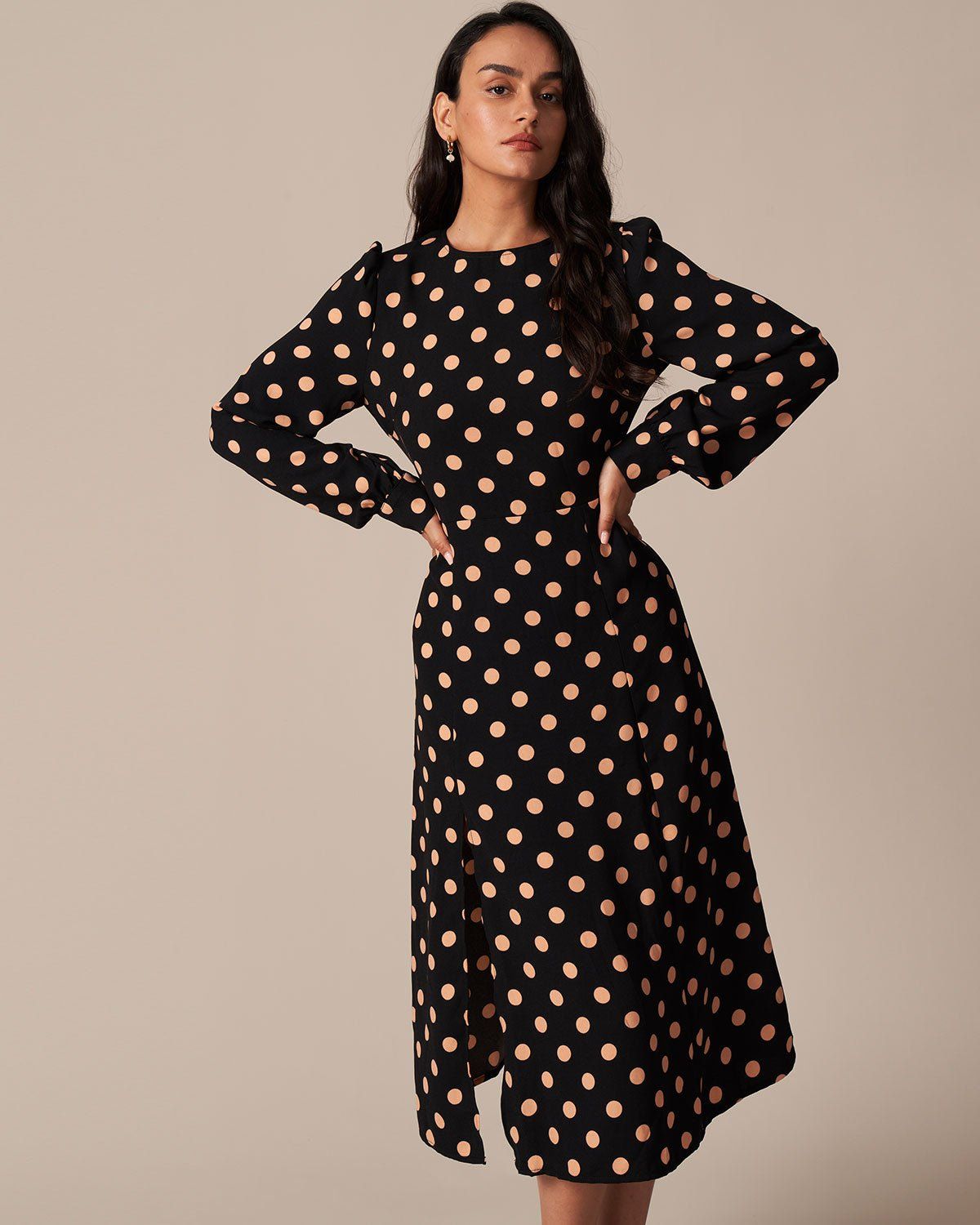The Black Round Neck Polka Dot Midi Dress sold by rihoas product image thumbnail 4