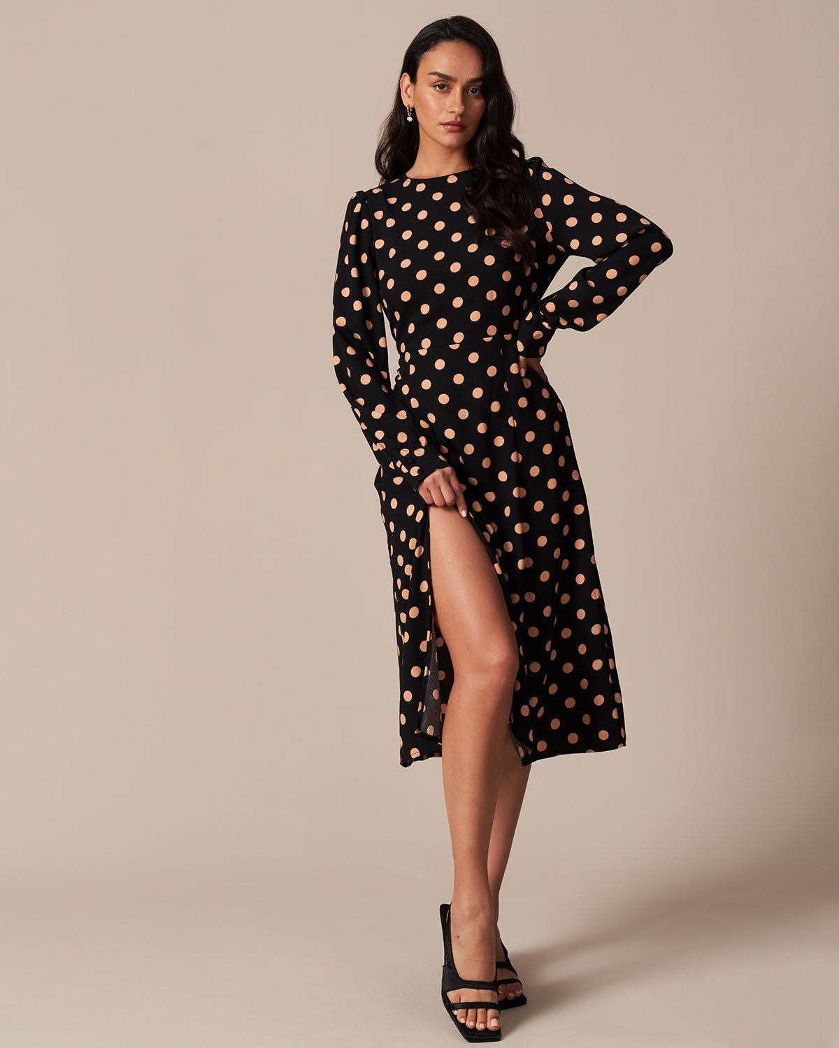 The Black Round Neck Polka Dot Midi Dress sold by rihoas product image thumbnail 3