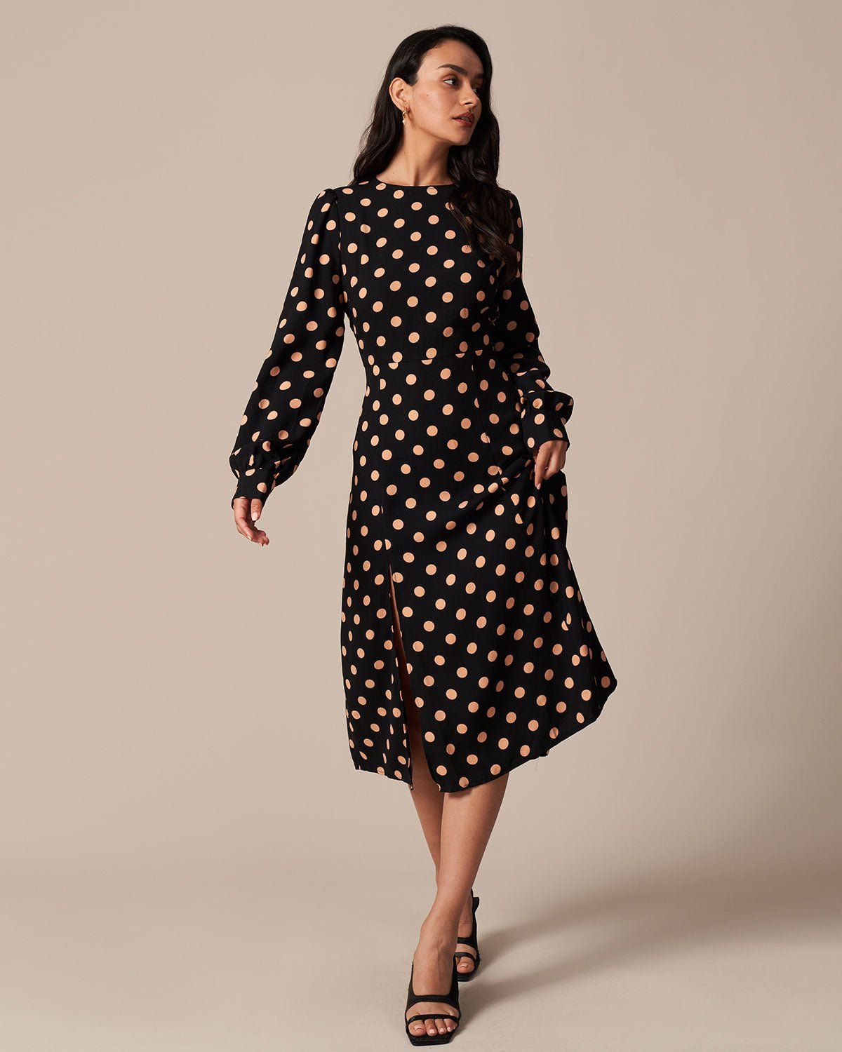 The Black Round Neck Polka Dot Midi Dress sold by rihoas product image thumbnail 2