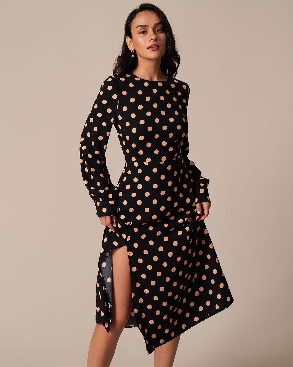 The Black Round Neck Polka Dot Midi Dress sold by rihoas