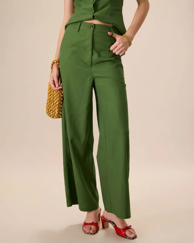 Women's Green High-Waisted Cotton Linen Wide-Leg Pants sold by rihoas