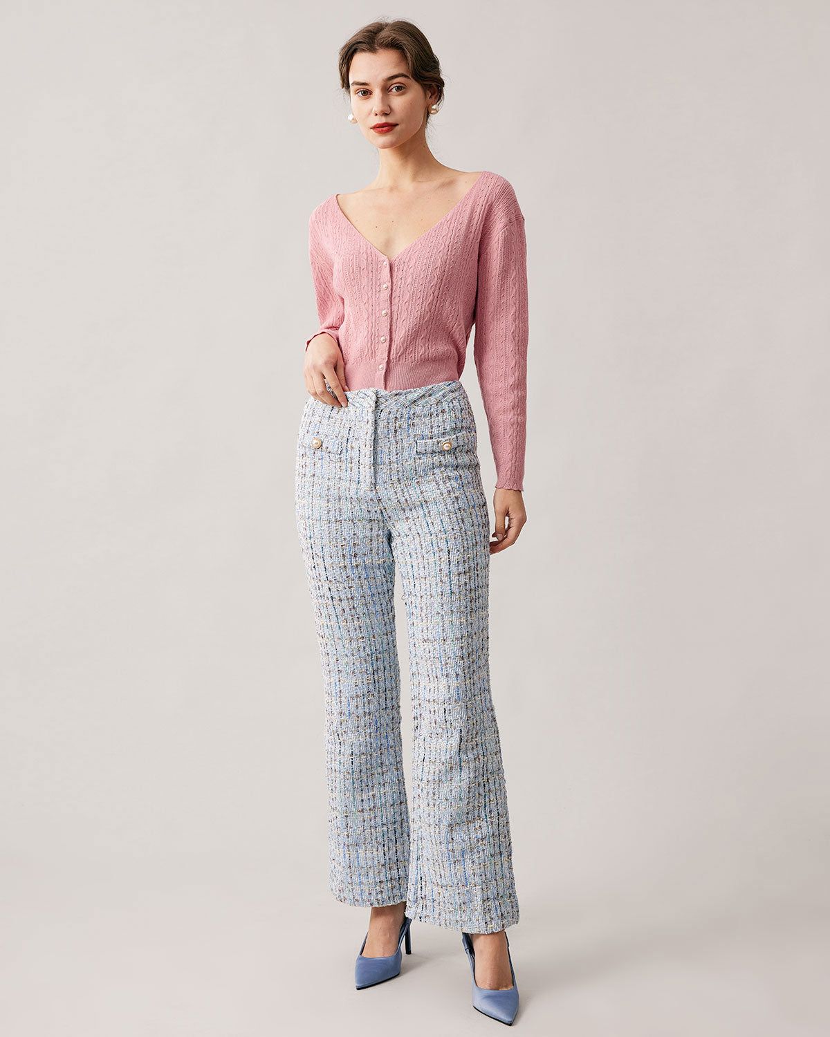 The Pink V Neck Pointelle Knit Cardigan sold by rihoas product image thumbnail 4