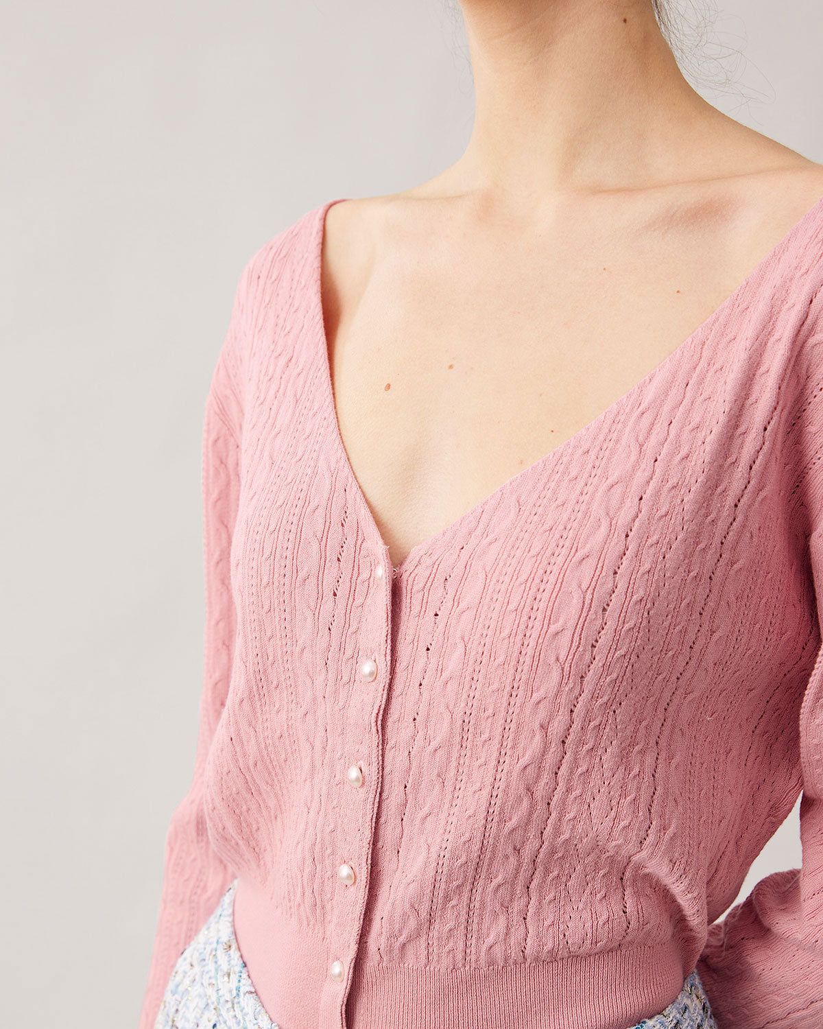 The Pink V Neck Pointelle Knit Cardigan sold by rihoas product image thumbnail 2