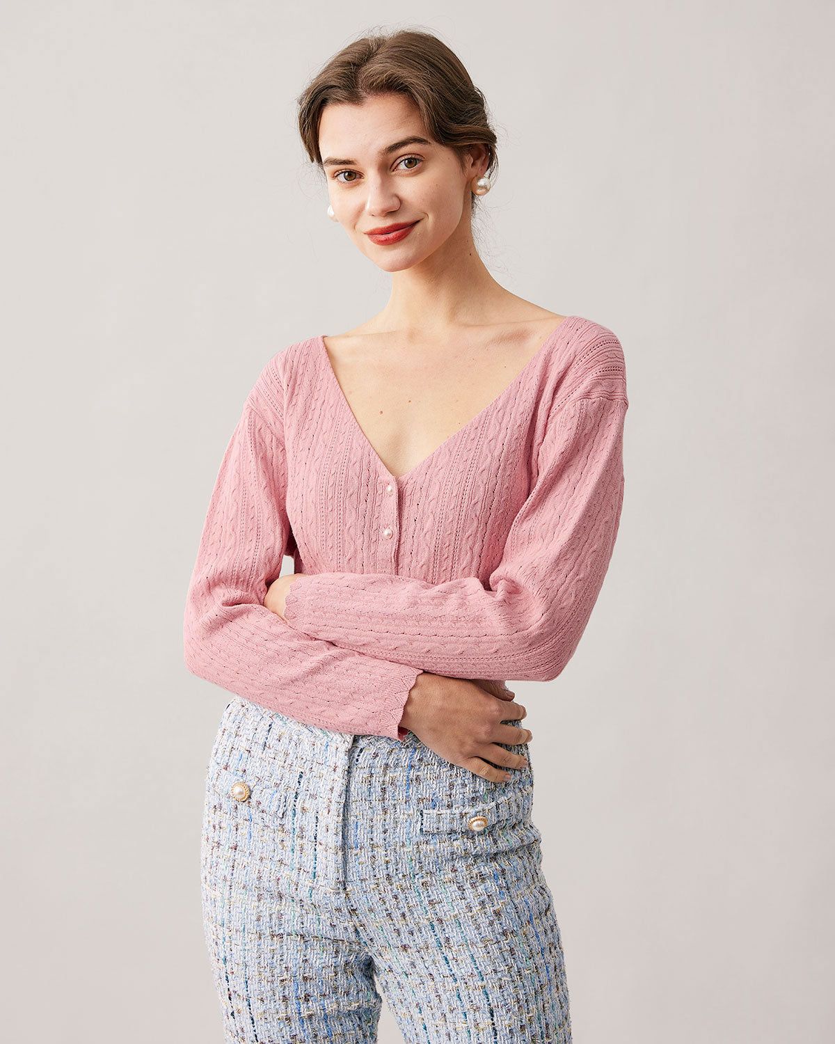The Pink V Neck Pointelle Knit Cardigan sold by rihoas product image thumbnail 3