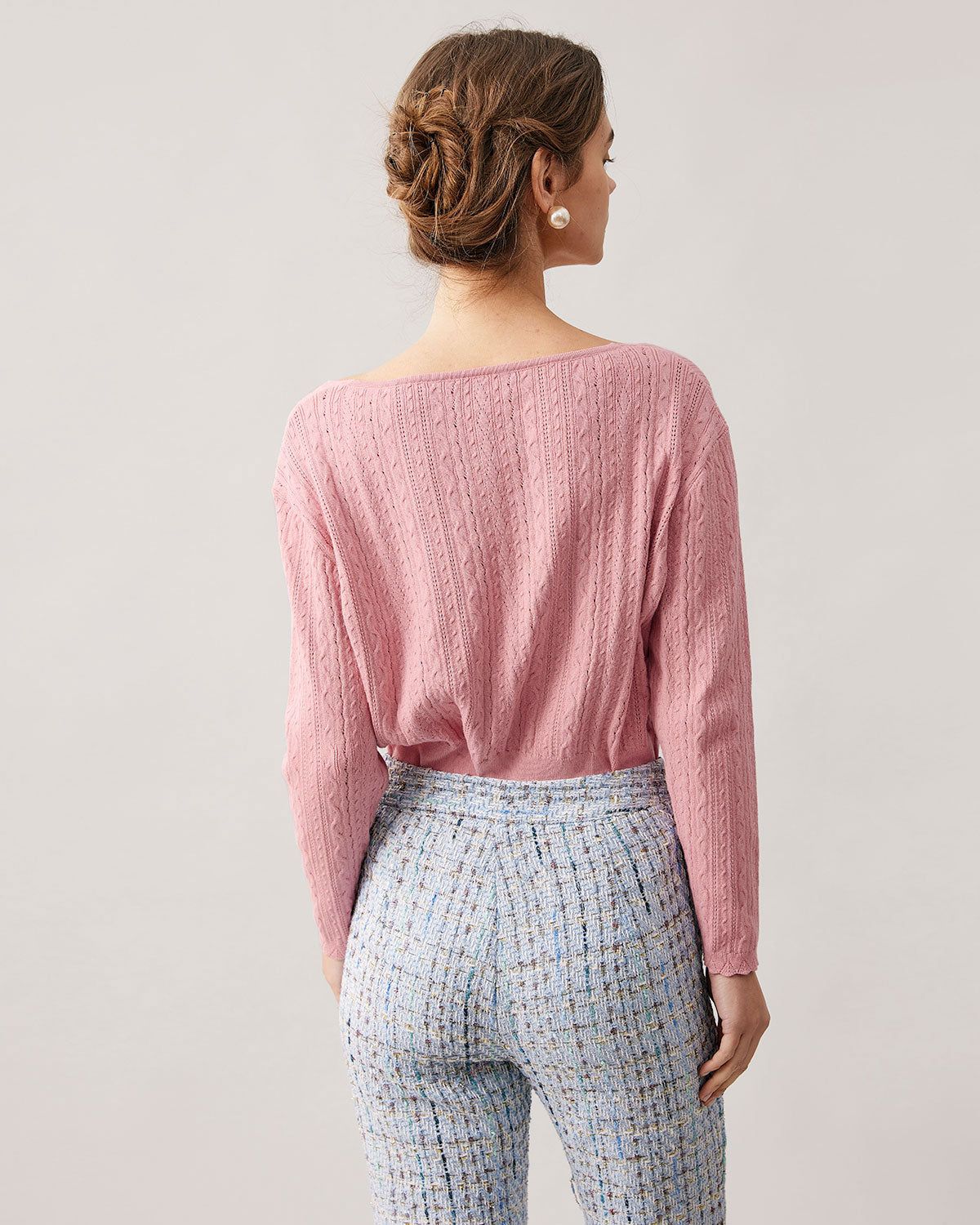 The Pink V Neck Pointelle Knit Cardigan sold by rihoas product image thumbnail 5