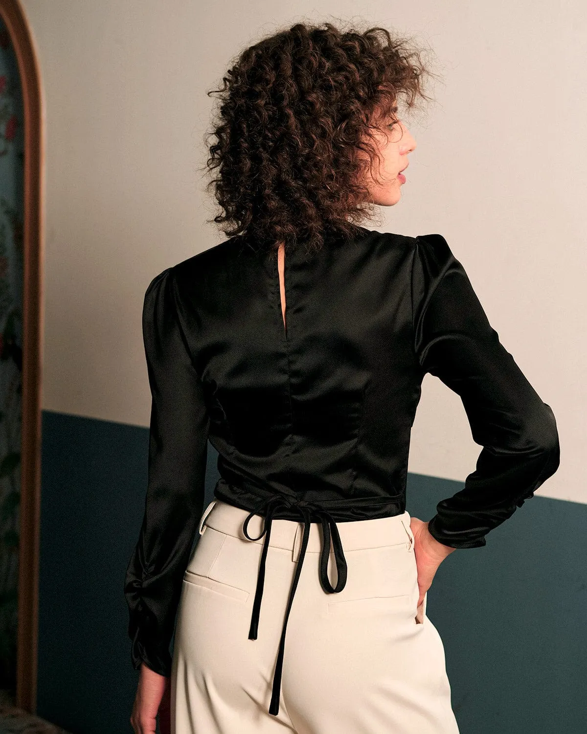 The Solid Puff Sleeve Tie-back Satin Blouse sold by rihoas product image thumbnail 5