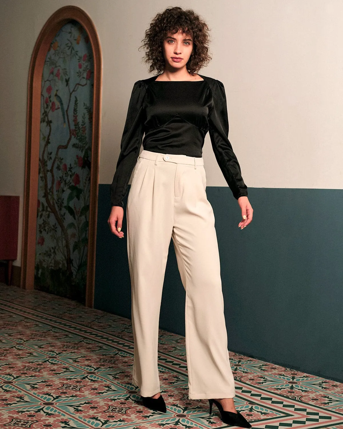 The Solid Puff Sleeve Tie-back Satin Blouse sold by rihoas product image thumbnail 4