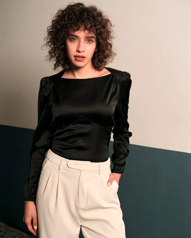 The Solid Puff Sleeve Tie-back Satin Blouse sold by rihoas