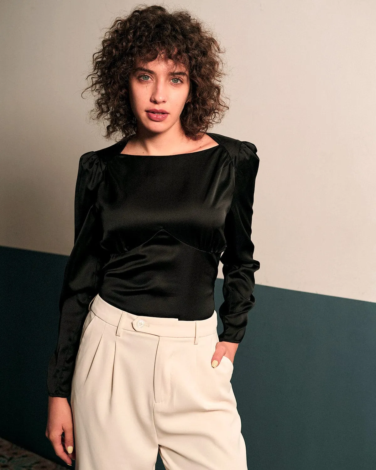 The Solid Puff Sleeve Tie-back Satin Blouse sold by rihoas