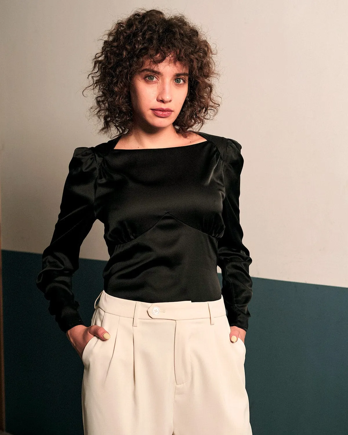 The Solid Puff Sleeve Tie-back Satin Blouse sold by rihoas product image thumbnail 3