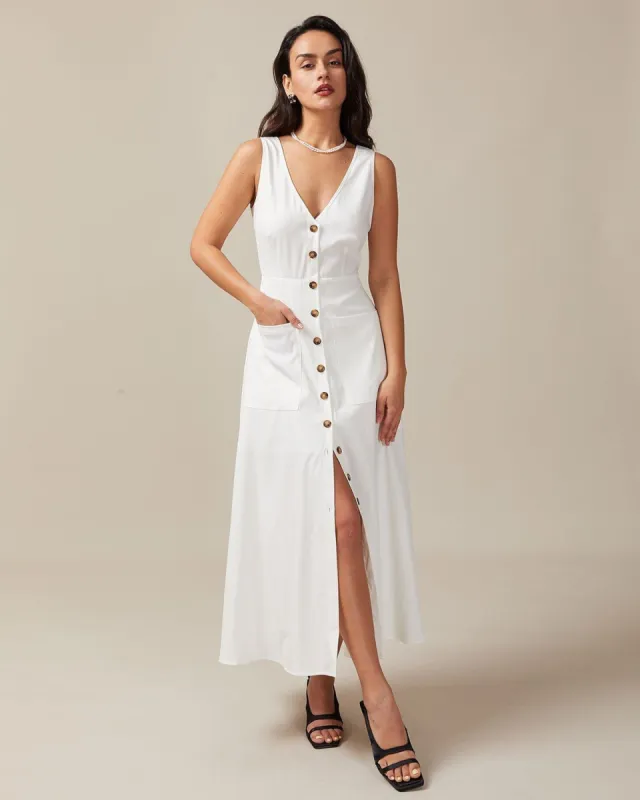 The White V Neck Pocket Sleeveless Maxi Dress sold by rihoas
