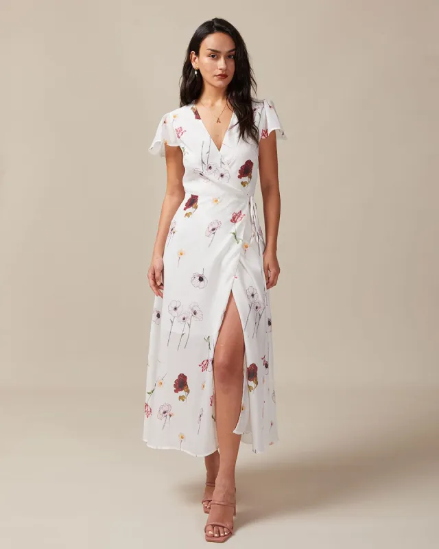 The White V Neck Floral Wrap Slit Maxi Dress sold by rihoas