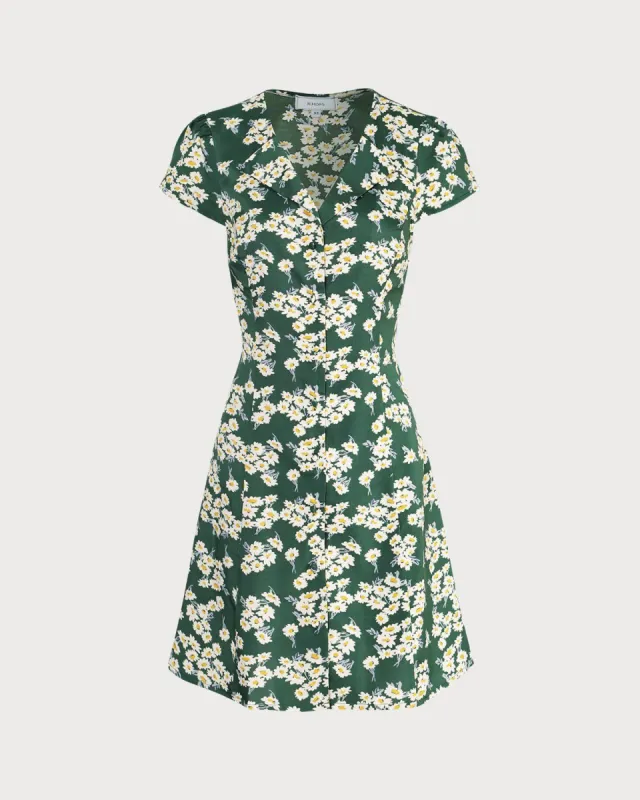 The Green V Neck Floral Short Sleeve Mini Dress sold by rihoas