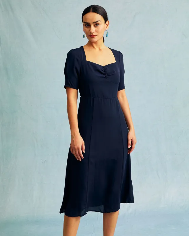 The Navy Sweetheart Neck Puff Sleeve Midi Dress sold by rihoas