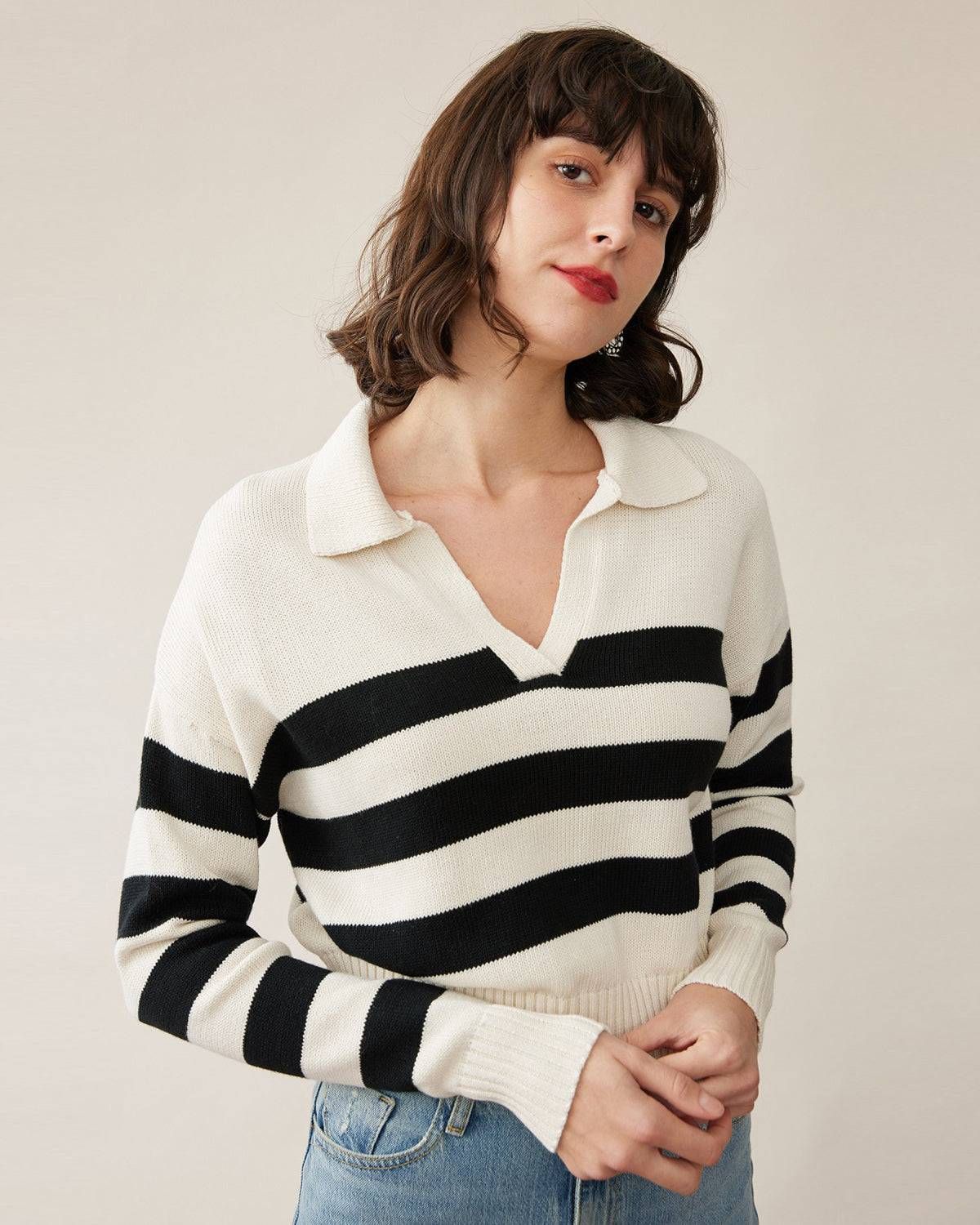 The Stripe Notched Collar Sweater sold by rihoas