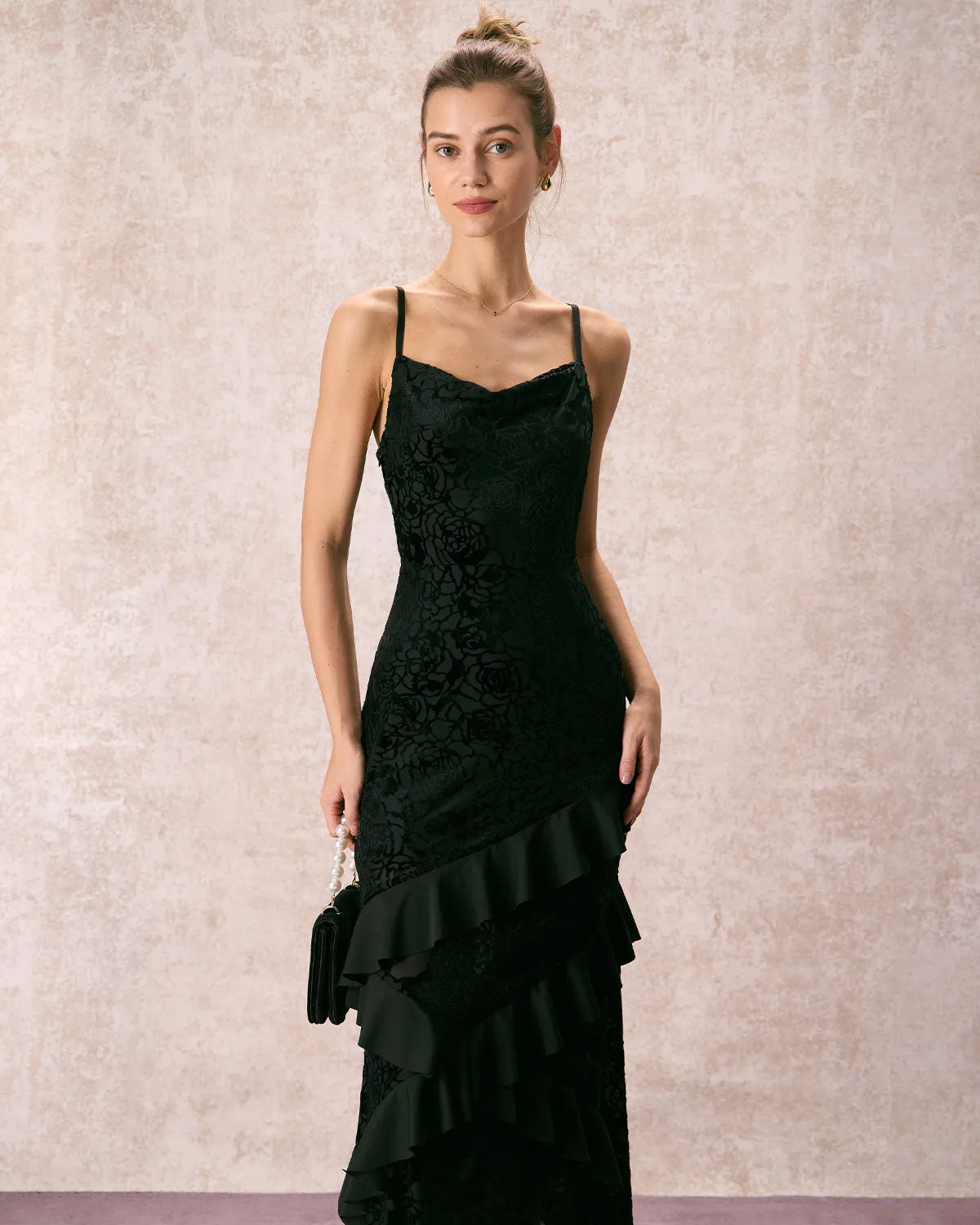 The Black V-Neck Ruffle Tiered Maxi Dress sold by rihoas product image thumbnail 5
