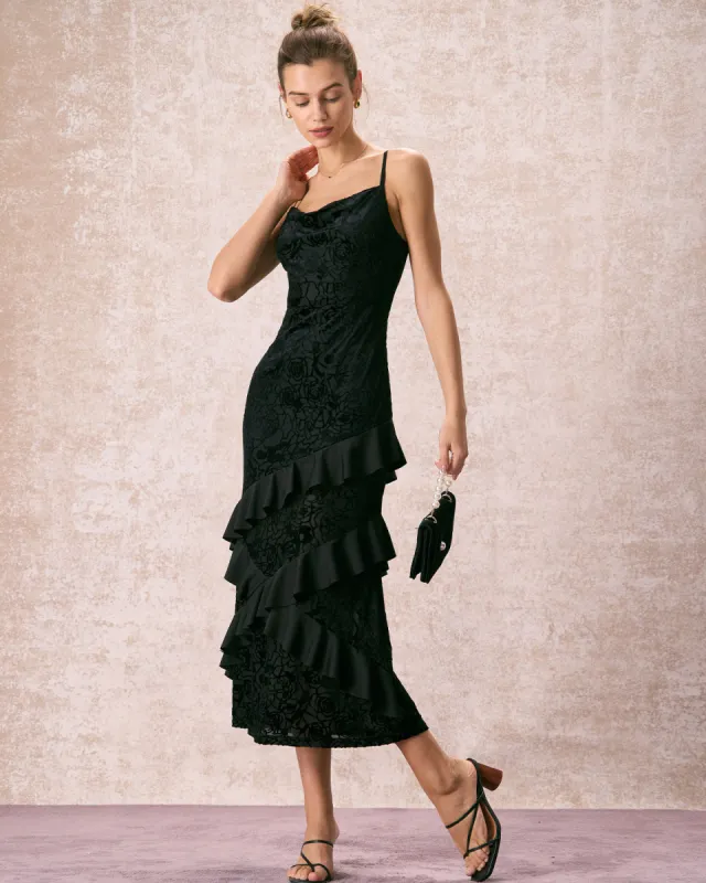 The Black V-Neck Ruffle Tiered Maxi Dress sold by rihoas
