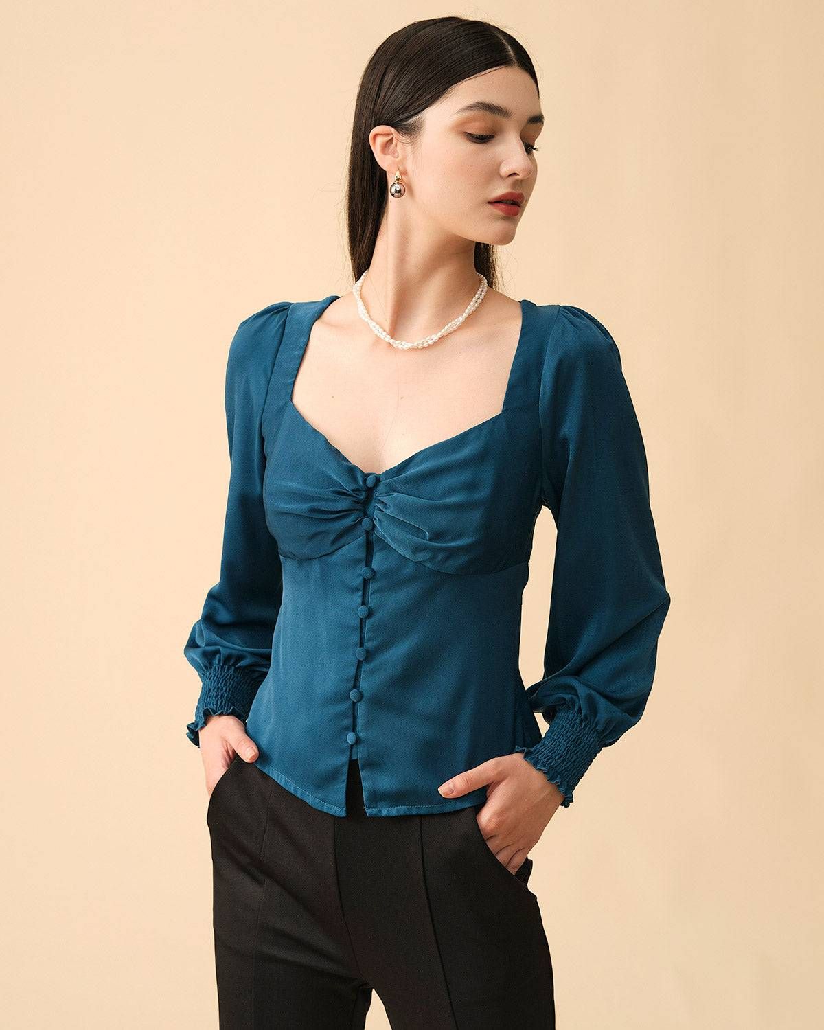 The Solid Color Shirred Button-up Blouse sold by rihoas