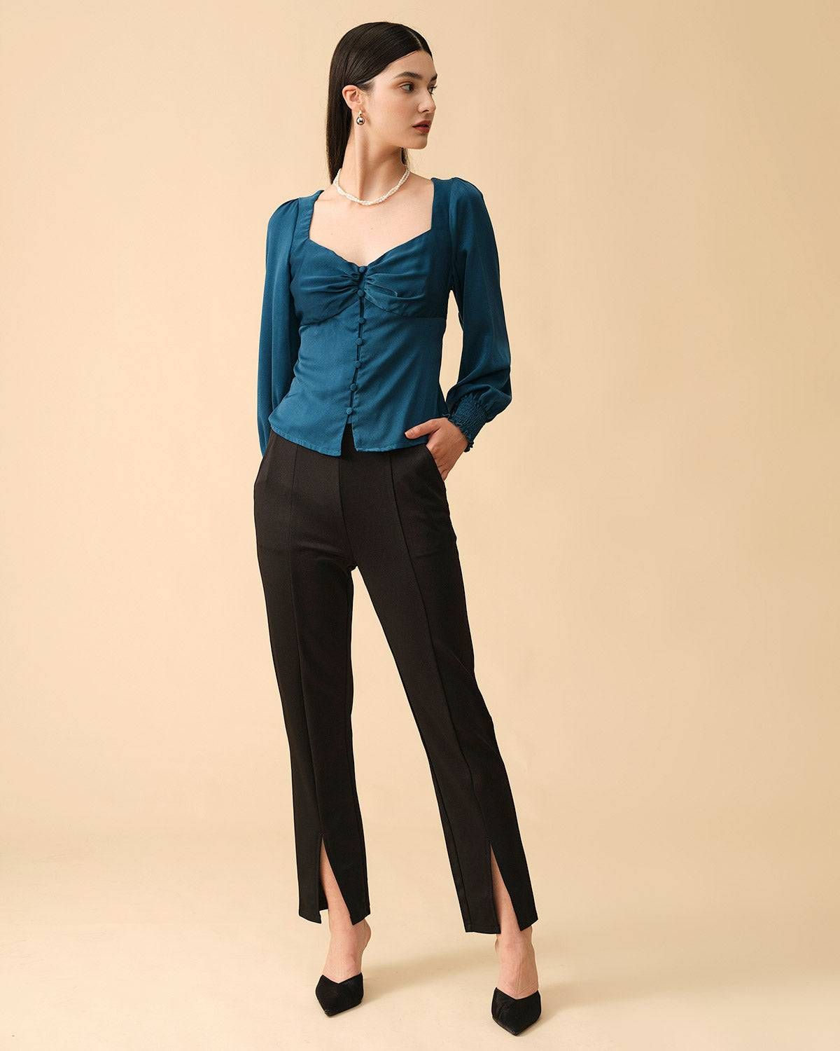 The Solid Color Shirred Button-up Blouse sold by rihoas product image thumbnail 3