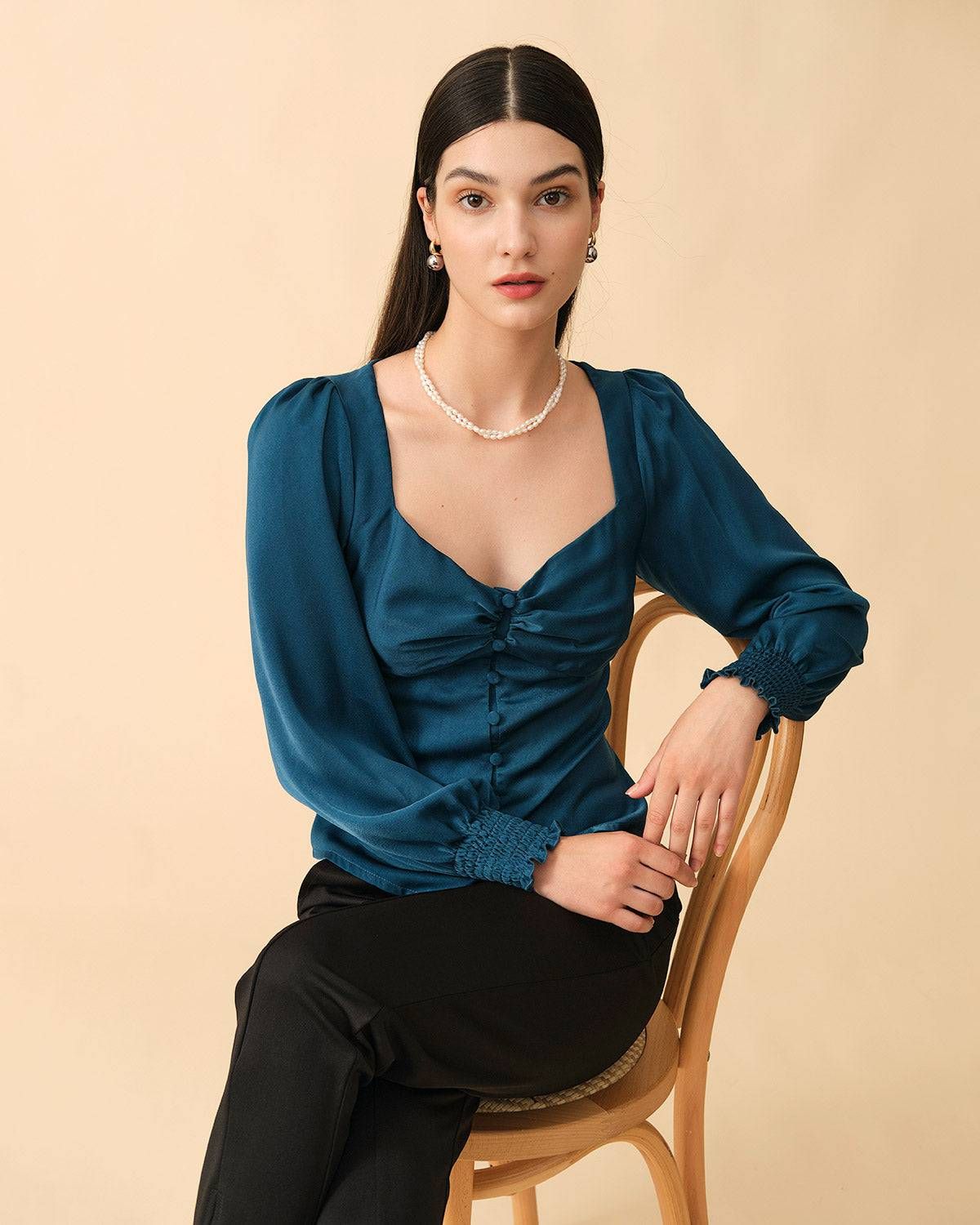 The Solid Color Shirred Button-up Blouse sold by rihoas product image thumbnail 4