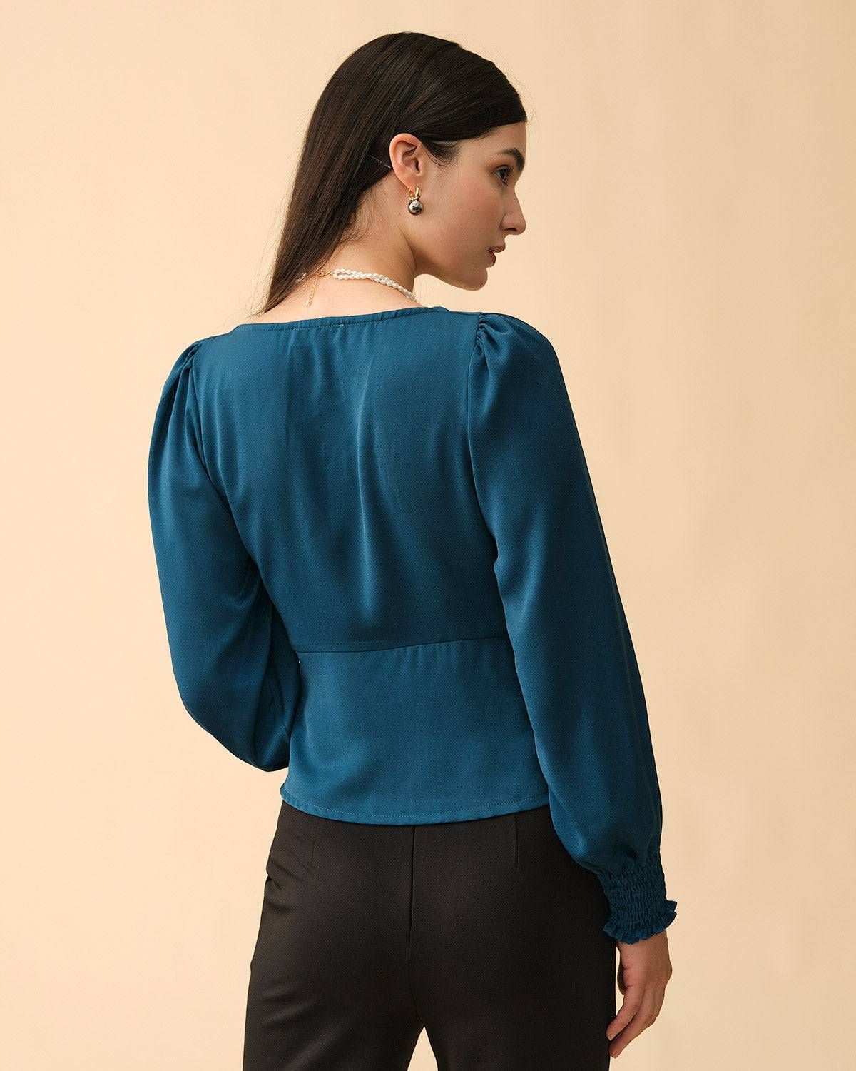 The Solid Color Shirred Button-up Blouse sold by rihoas product image thumbnail 5
