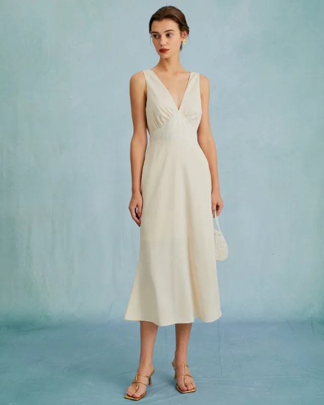 The Apricot V Neck Lace Mermaid Satin Midi Dress sold by rihoas